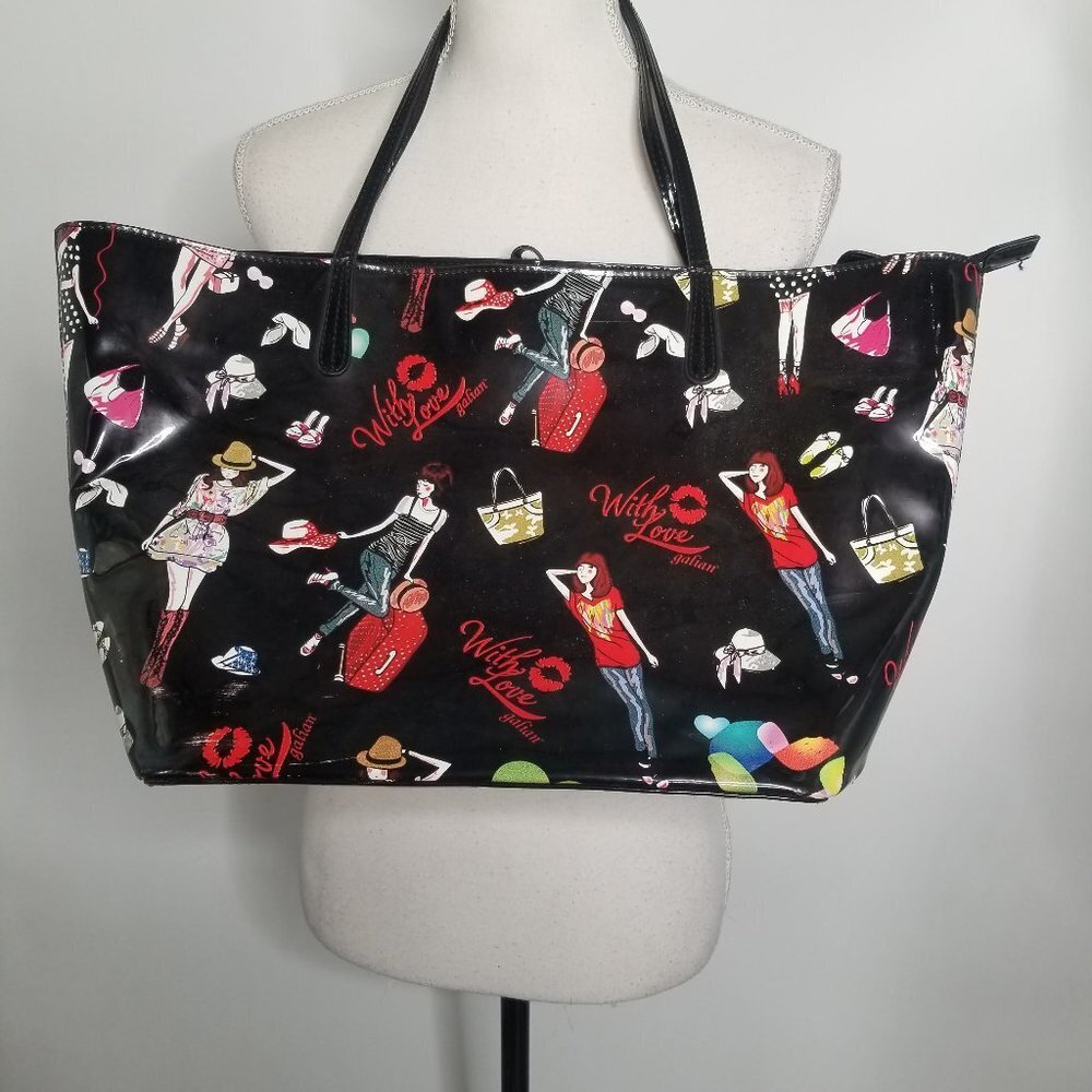 With Love Galian New York Black Fashion Print Pattern Patent Leather Handbag